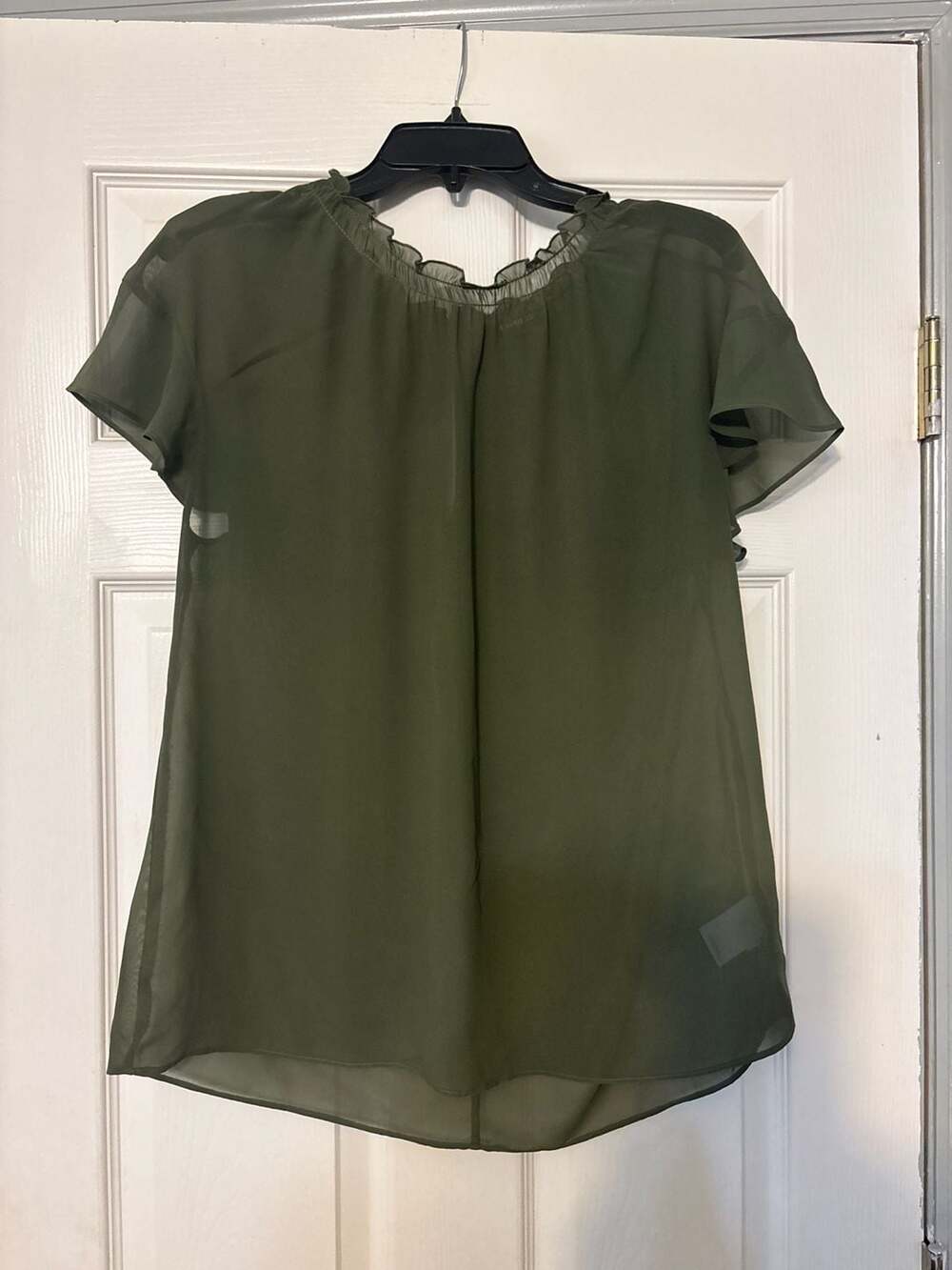 Express Olive Green Ruffle Neck Sheer Flutter Sleeve Blouse Size L
